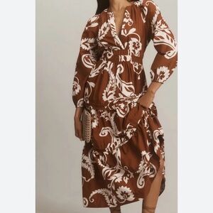 Vguc Anthropologie Brown and White Somerset Long Sleeve Dress XS
